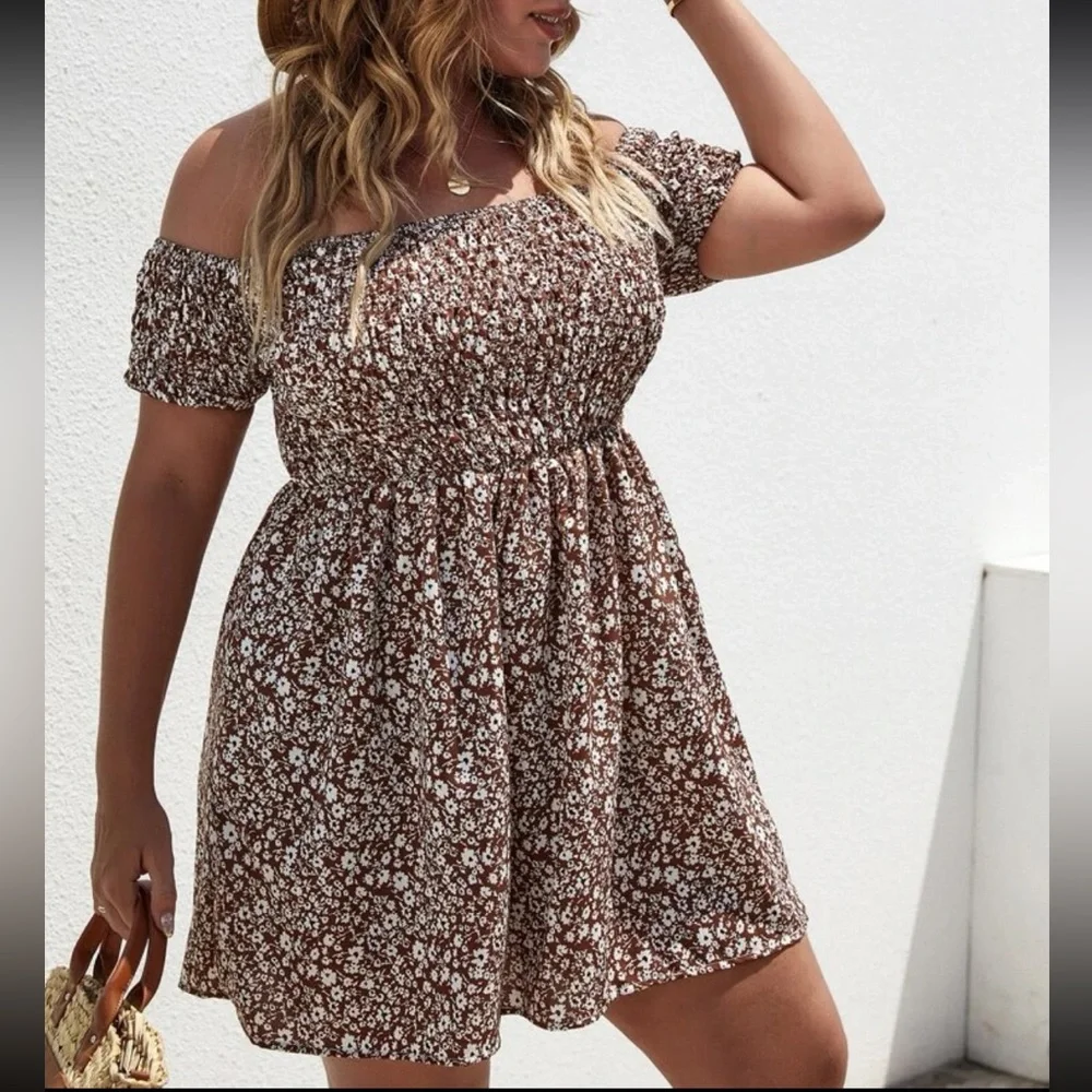 RESERVED|NWT| XL| SUNNY EARTHY NEUTRAL OFF SHOULDER DRESS| NEW - Picture 5 of 9